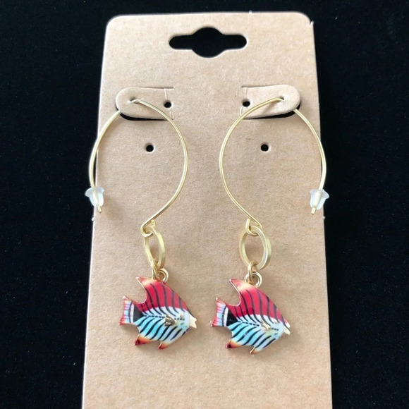 New Lightweight Gold Tone Wire Dangly Tropical Angel Fish Earrings Fashion Beach - Picture 2 of 4